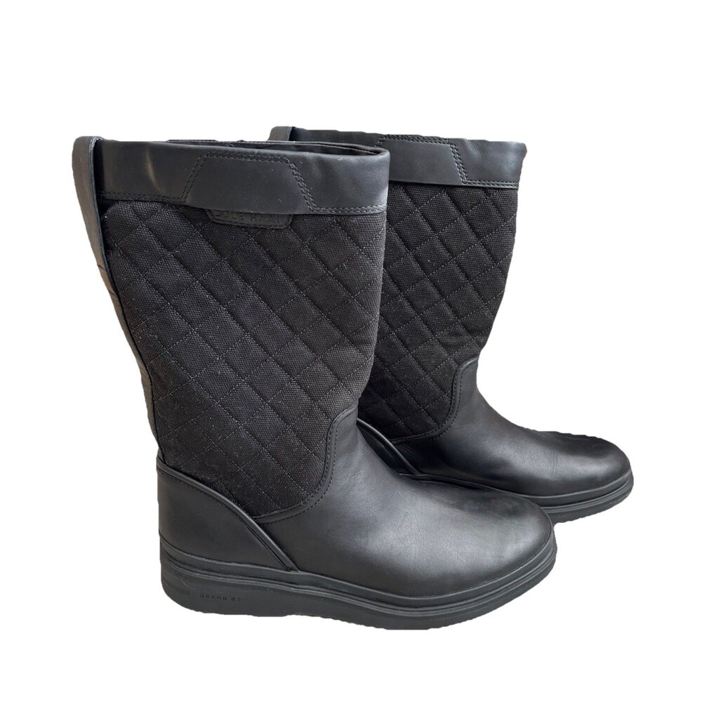 Cole Haan Black Quilted Leather Mid Calf Pull On Winter Boots 7.5 Waterproof